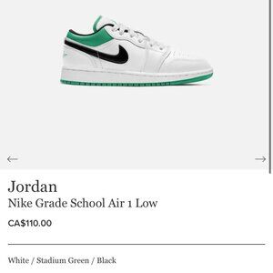 Nike Air Jordan 1 Low Stadium Green/White/Black 5.5Y (7W)